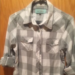 Plaid Blouse with Adjustable Sleeve Length
